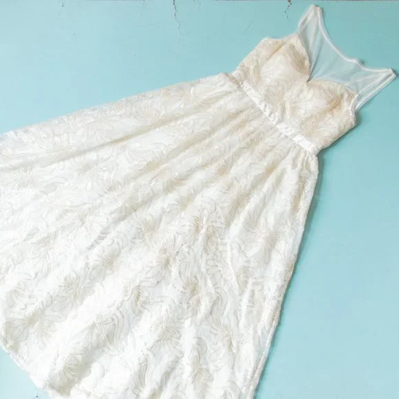 Adrianna Papell | Dresses | Adrianna Papell White Gold Embroidered Sequin  Illusion Neck Full Skirt Gown Sz 8